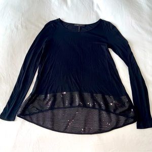 BCBG tunic top loose flow black sequin hemline cotton jersey black long sleeve